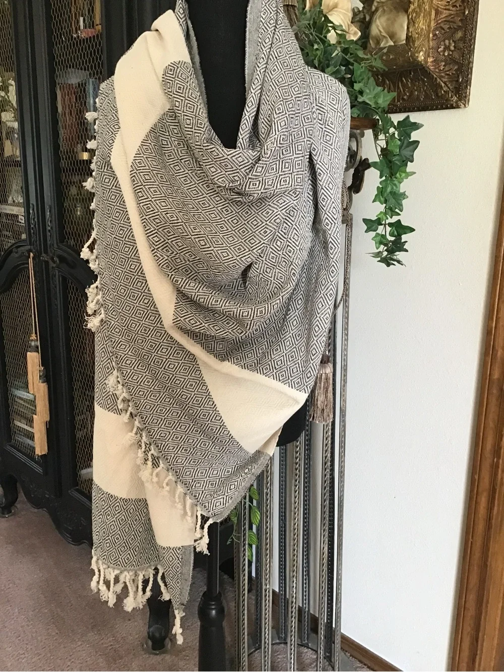 Cream and Black Geometric Fringe Towel